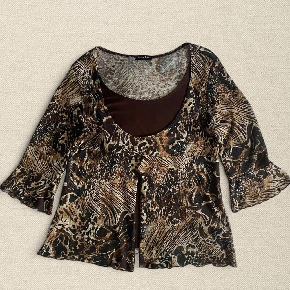 Y2K Boho Layered Animal Print Blouse Flared 1/2 Sleeves Front Slit sz XL
